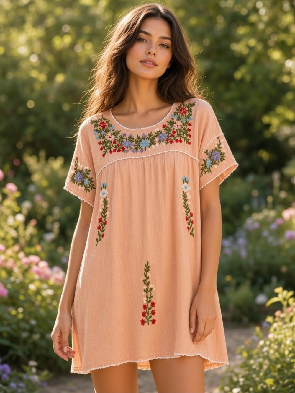 Raj NWOT Women's XL 100% Cotton Embroidered Floral Babydoll Shift Dress